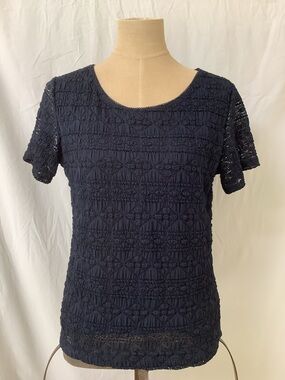 East 5th Stretch Top Shirt-Navy Blue-Blue Lace Overlay-Short Sleeve-EUC-XL